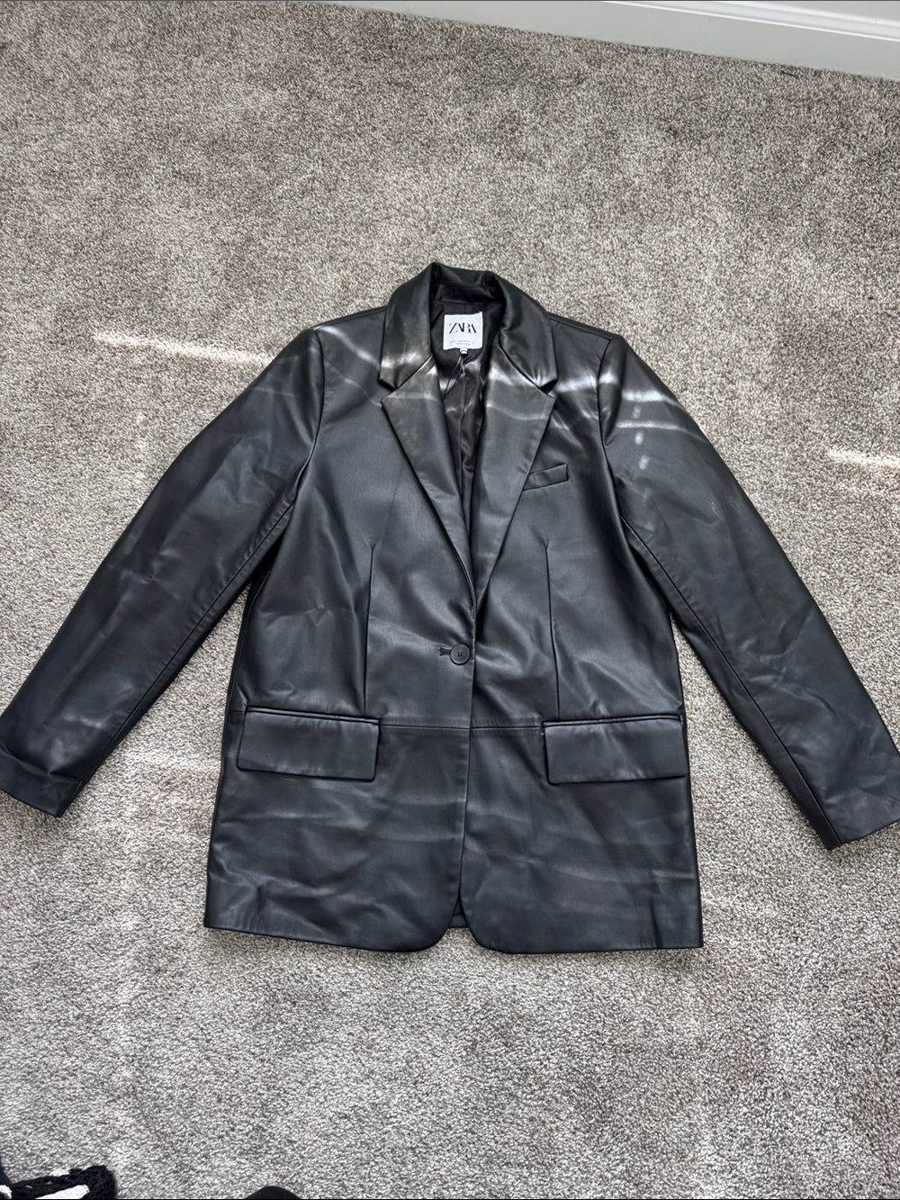 Zara Black Faux Leather Single-Button Blazer Small